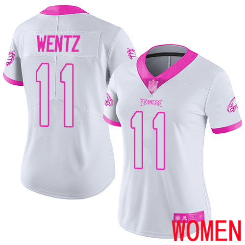 Women Philadelphia Eagles #11 Carson Wentz Limited White Pink Rush Fashion NFL Football Jersey